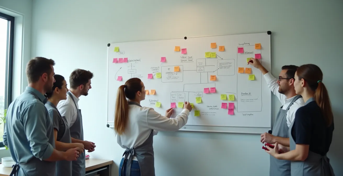 Brigade de cuisine travaillant ensemble autour d'un grand tableau pour cartographier les flux