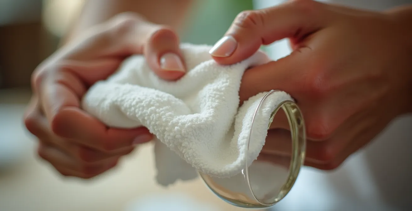 Gros plan sur des mains tenant un verre à pied avec un torchon, montrant les points de pression à la jonction de la jambe et du calice.