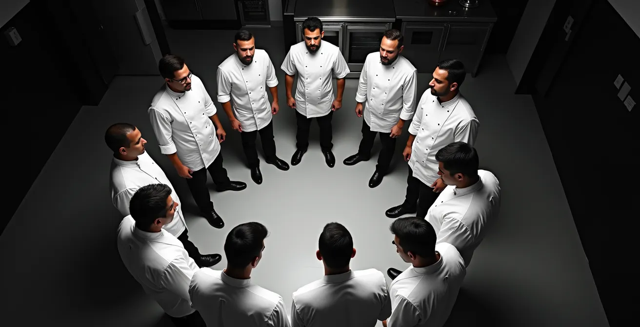 Équipe de cuisine en cercle lors du briefing pré-service
