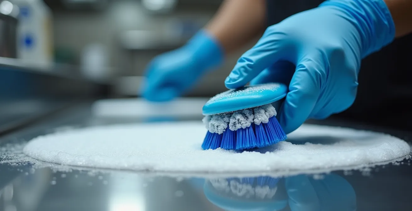 Technique de brossage manuel pour éliminer un biofilm sur une surface en inox
