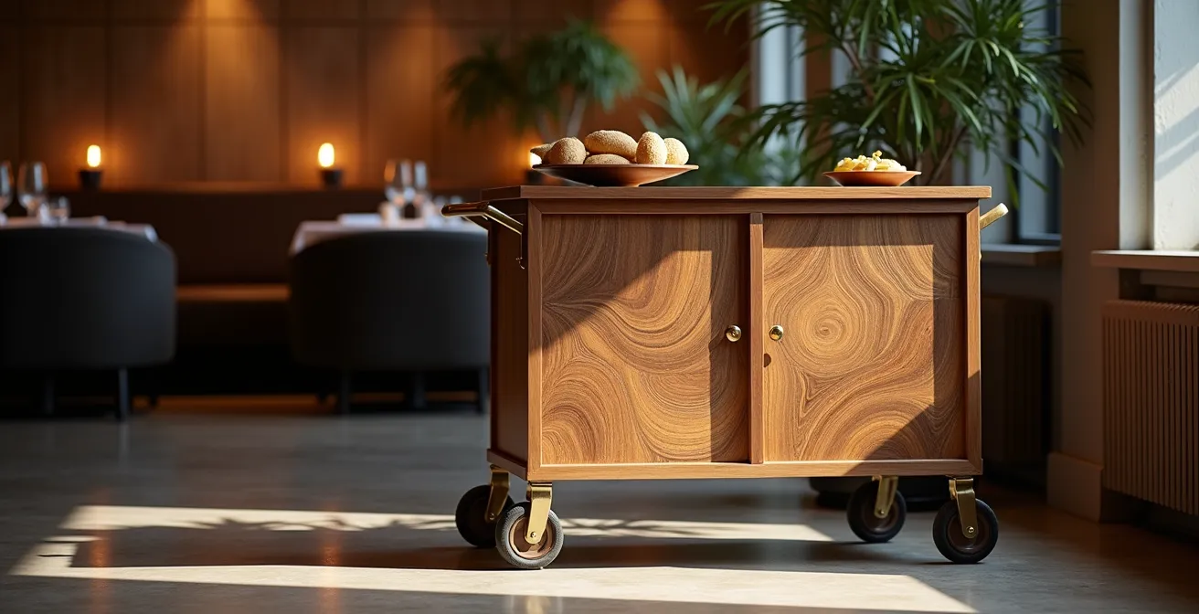 Chariot de débarrassage fermé avec habillage design dans une salle de restaurant
