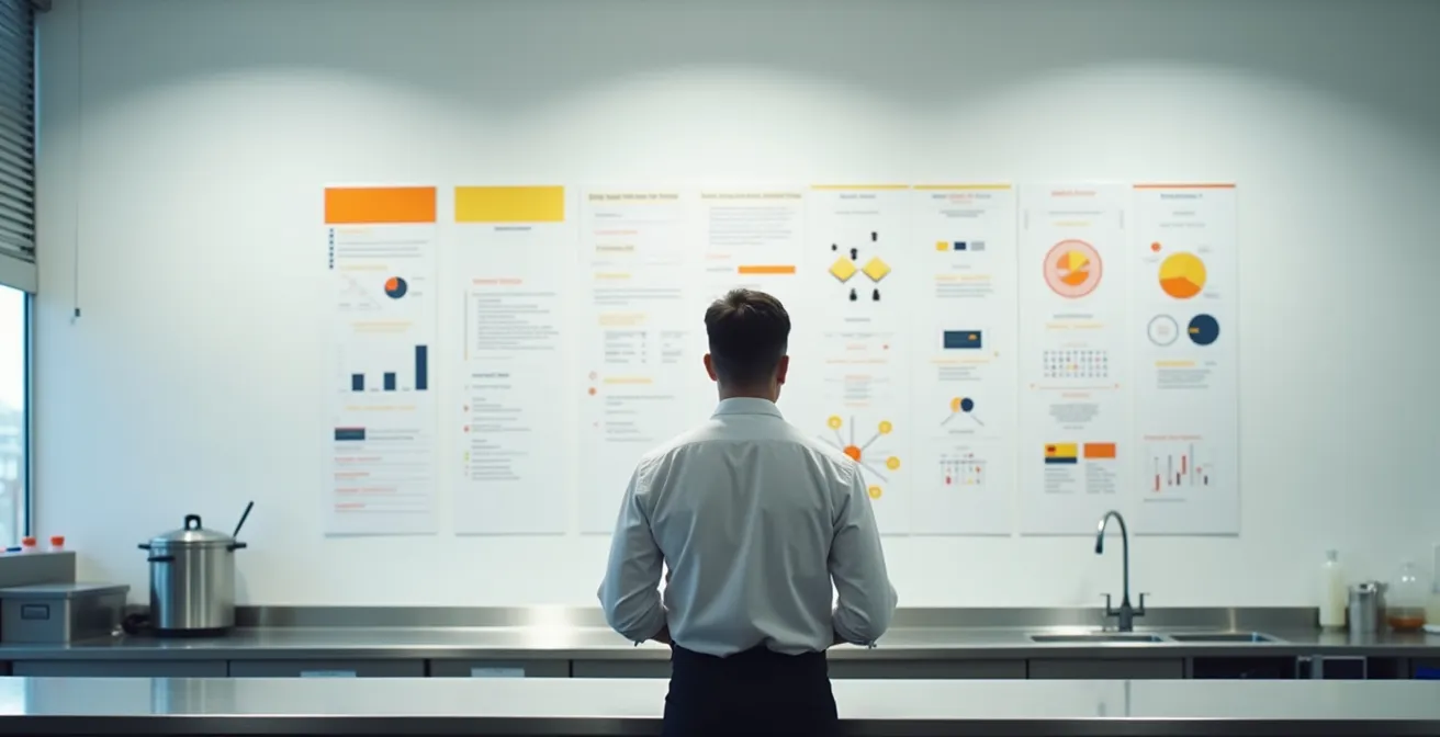 Chef analysant des documents personnalisés pour son établissement