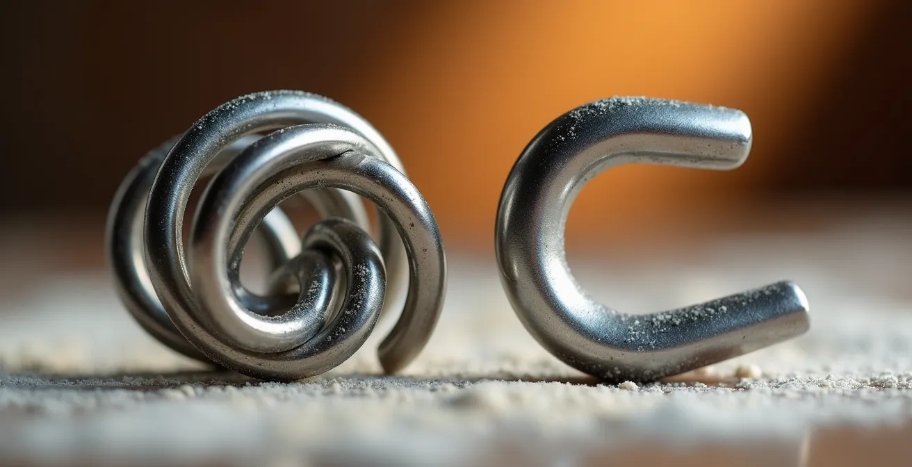 Vue macro détaillée de deux crochets de batteur professionnel en acier inoxydable, un en spirale et l'autre en forme de C