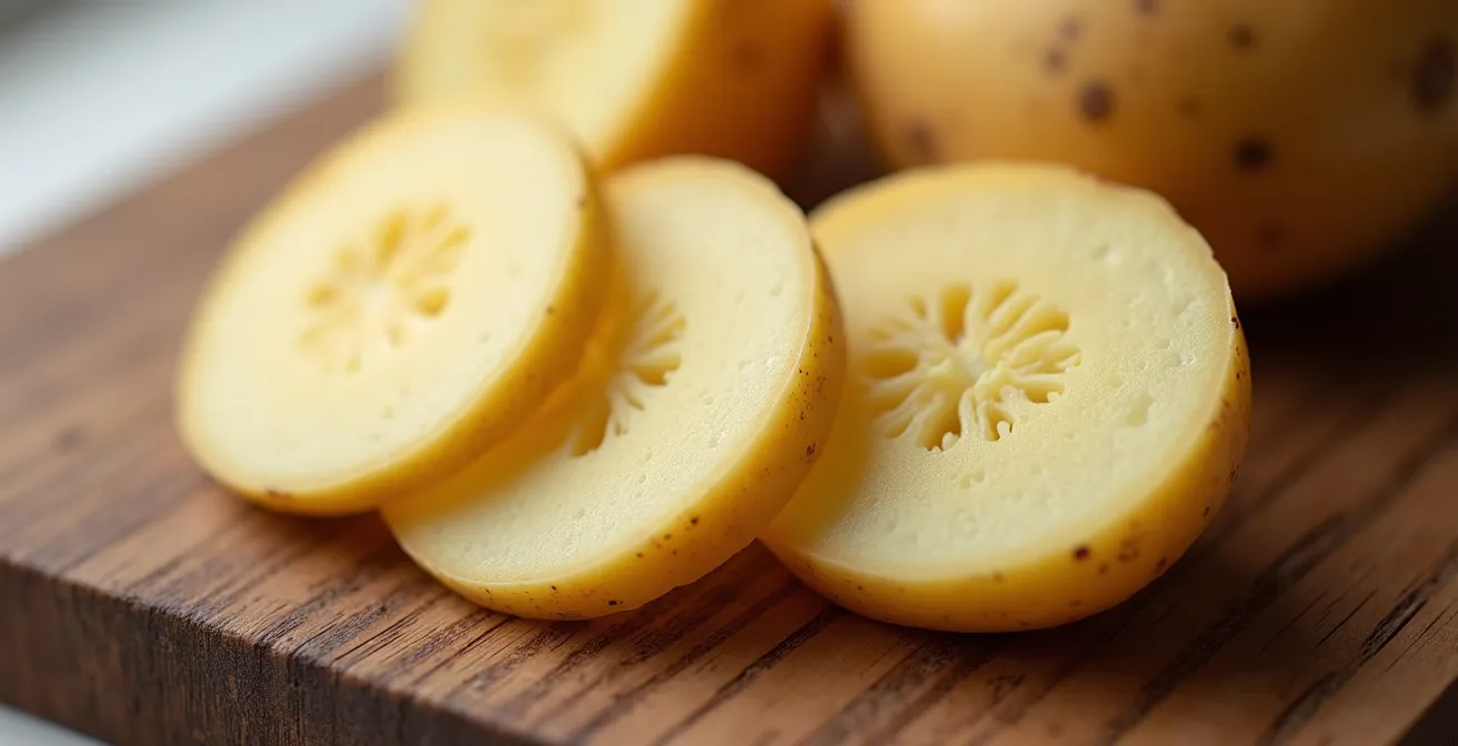 Comparaison visuelle de tranches de pommes de terre de 2mm et 4mm sur une planche à découper, montrant la différence de texture et de translucidité.