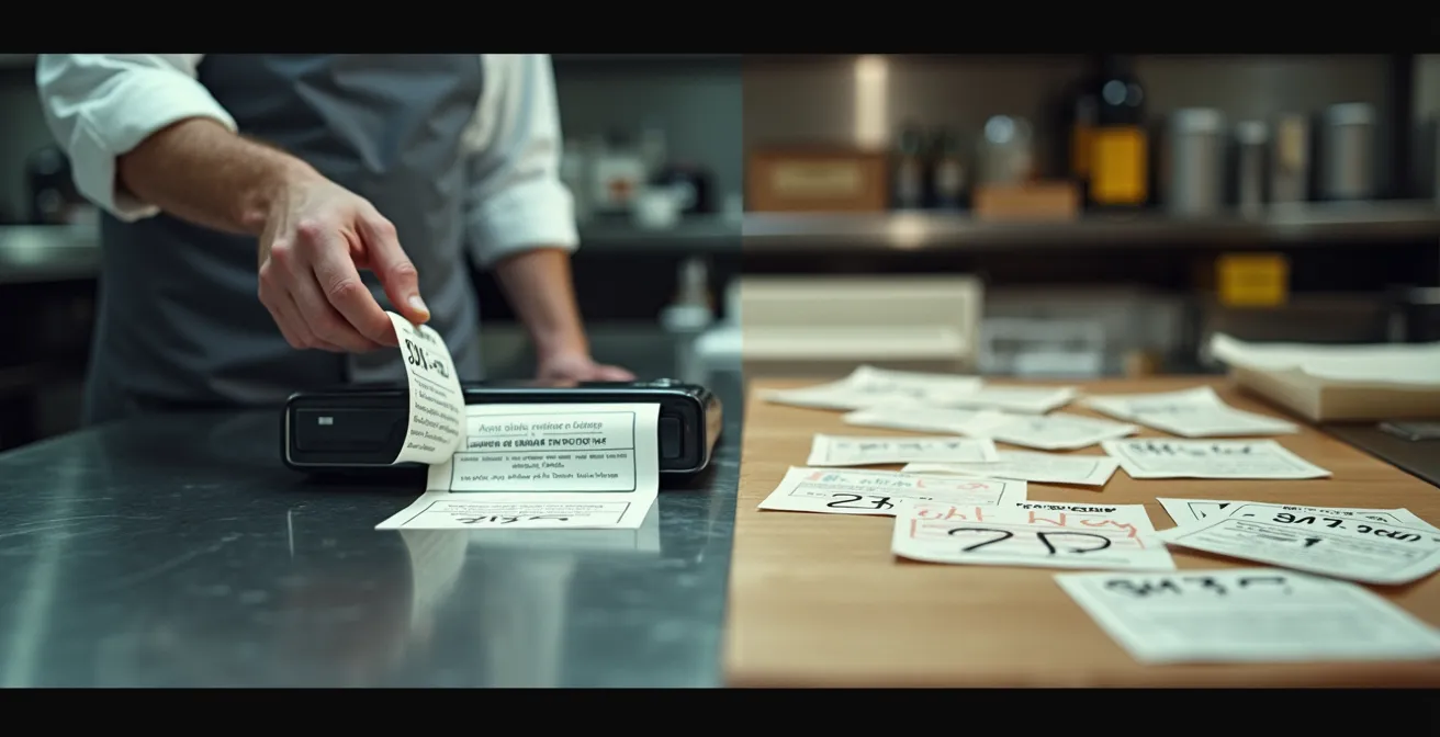 Comparaison visuelle entre système d'étiquetage thermique et manuel en cuisine professionnelle