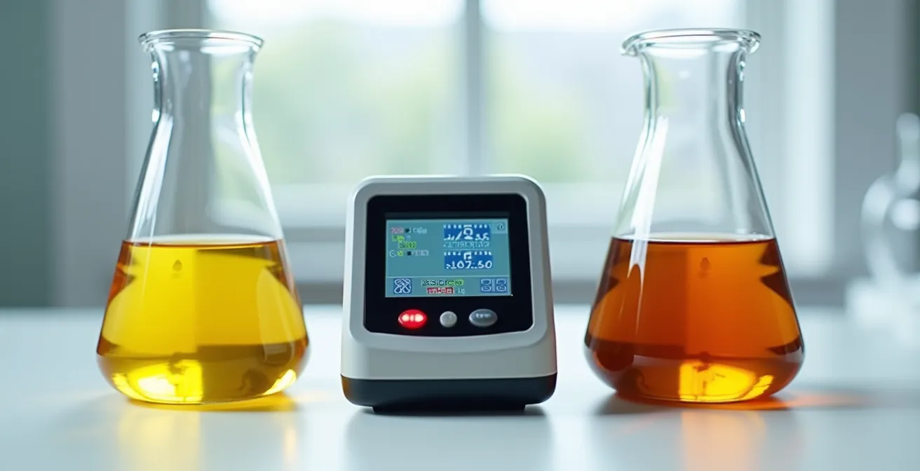 Comparaison visuelle de deux échantillons d'huile avec testeur de composés polaires