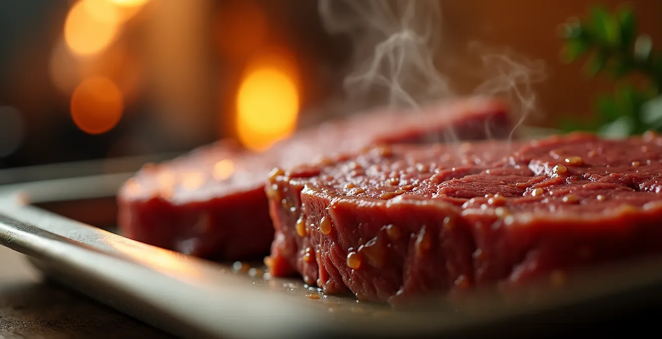 Vue macro détaillée de viandes sous différents systèmes de maintien au chaud