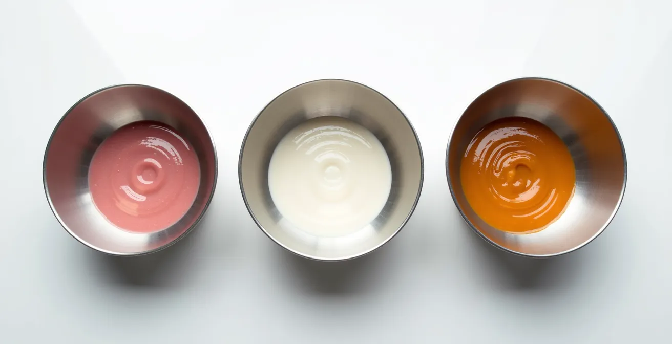 Vue plongeante sur trois cuves de cutter de tailles différentes avec des préparations à différents niveaux de remplissage