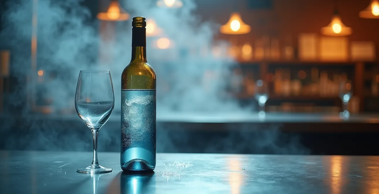 Vue en coupe d'un verre montrant le contraste thermique entre la paroi chaude et le vin frais, avec de la condensation.