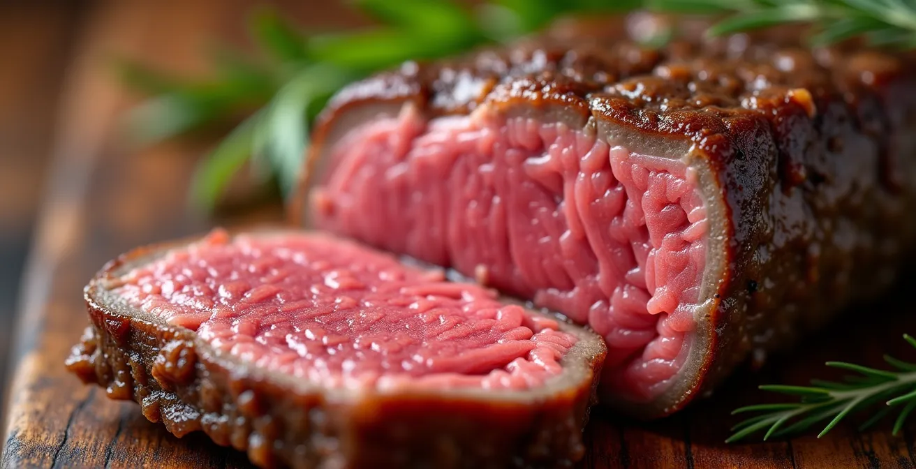 Coupe transversale d'une pièce de bœuf montrant le gradient de cuisson uniforme obtenu avec la méthode Delta-T