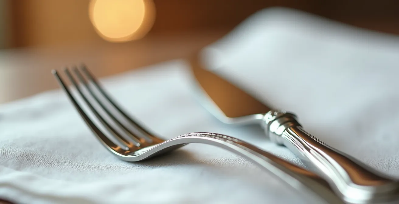 Détail macro de couverts en argent massif sur table élégante