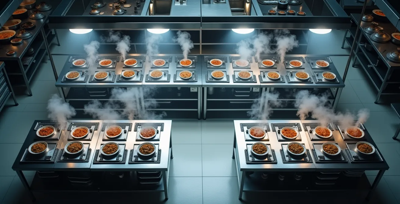 Vue aérienne d'une cuisine professionnelle avec plusieurs postes de travail synchronisés par système cloud