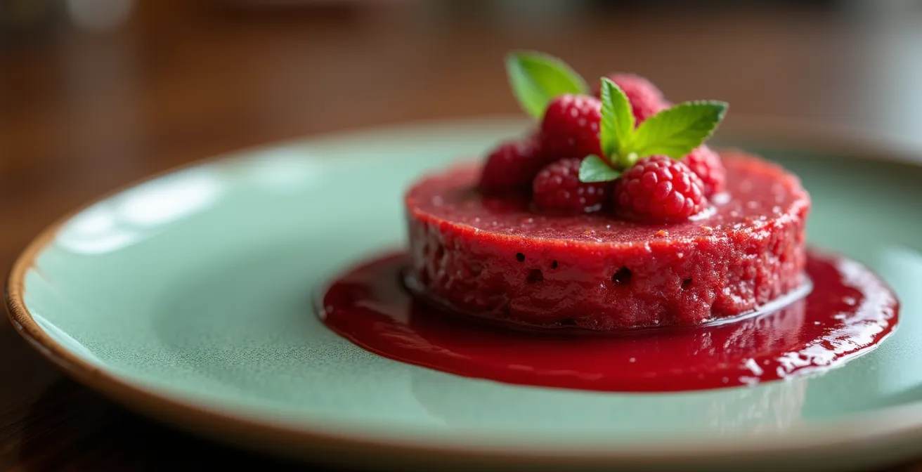 Gros plan sur un dessert aux fruits rouges servi dans une assiette verte texturée, éclairage naturel latéral