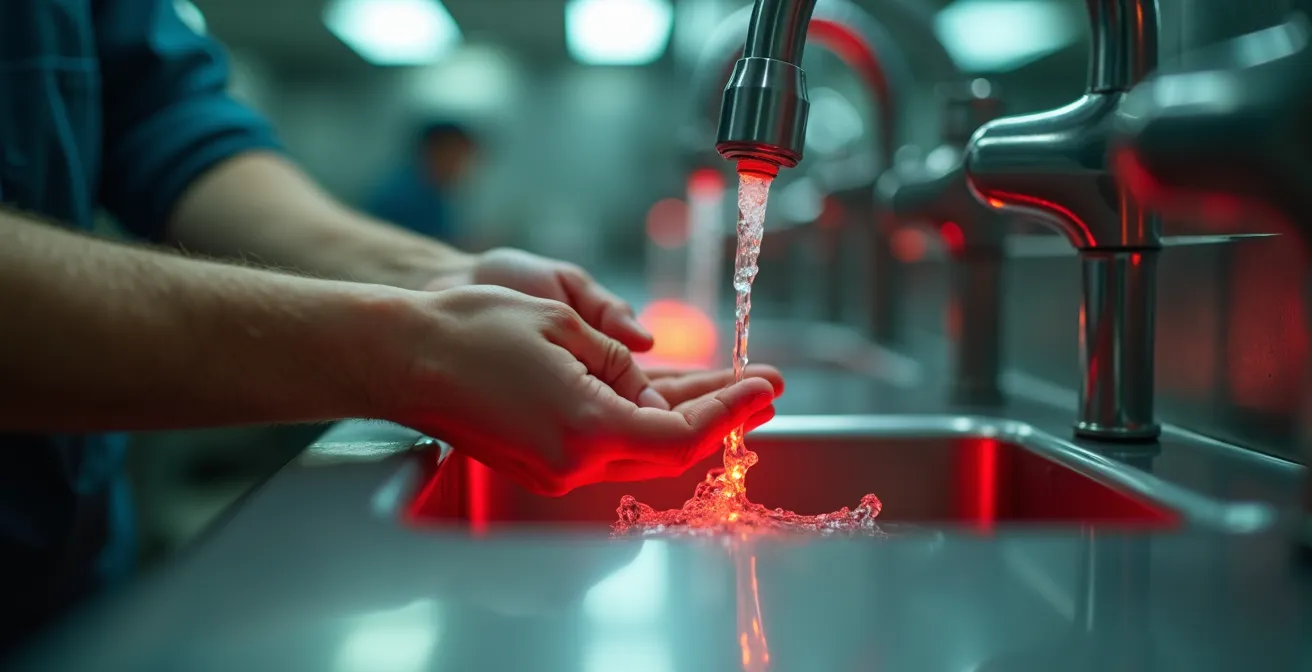 Système de lavage des mains innovant avec indicateur visuel coloré dans une cuisine professionnelle