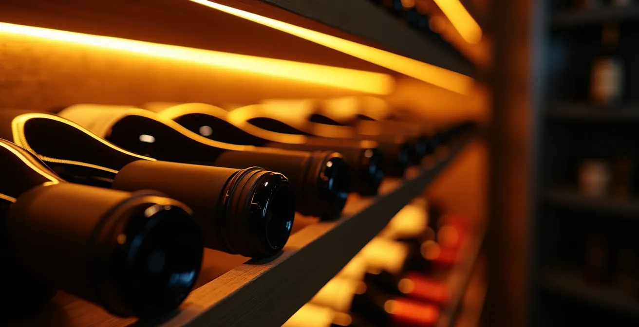 Système d'éclairage LED ambré sur cave à vin vitrée avec protection UV