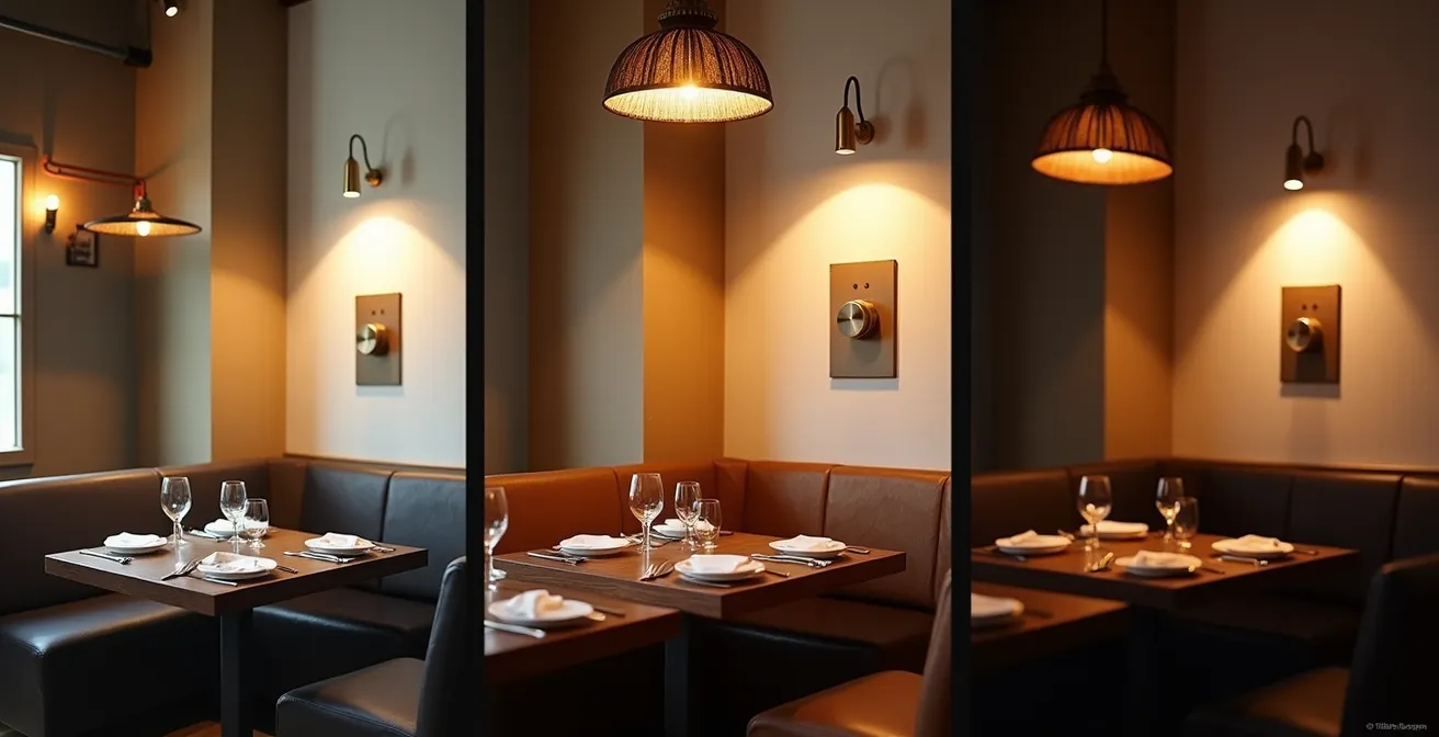 Salle de restaurant montrant trois zones d'éclairage différenciées avec variateurs visibles