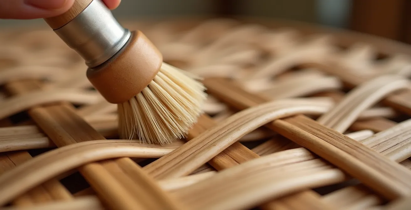 Gros plan sur l'entretien délicat d'un cannage en rotin avec une brosse douce