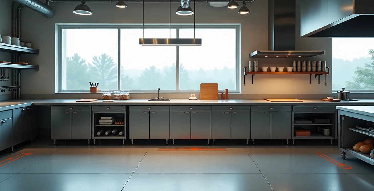 Vue d'ensemble d'un poste de découpe ergonomique en cuisine avec éclairage optimal