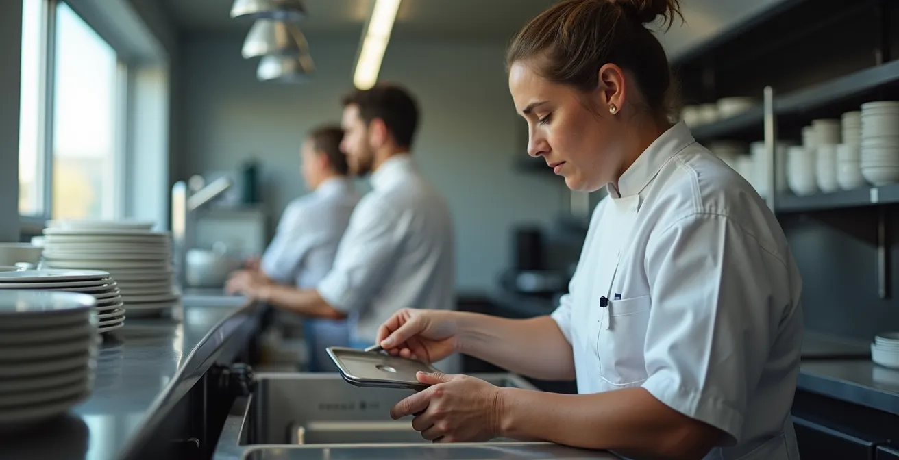 Plongeur professionnel en position ergonomique optimale montrant la hauteur correcte du plan de travail
