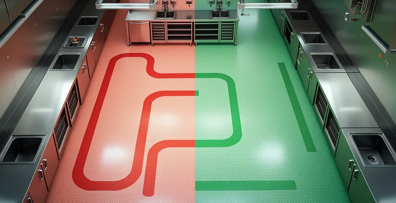 Vue en plongée montrant le mauvais positionnement d'un circuit de poubelles traversant une zone de préparation froide