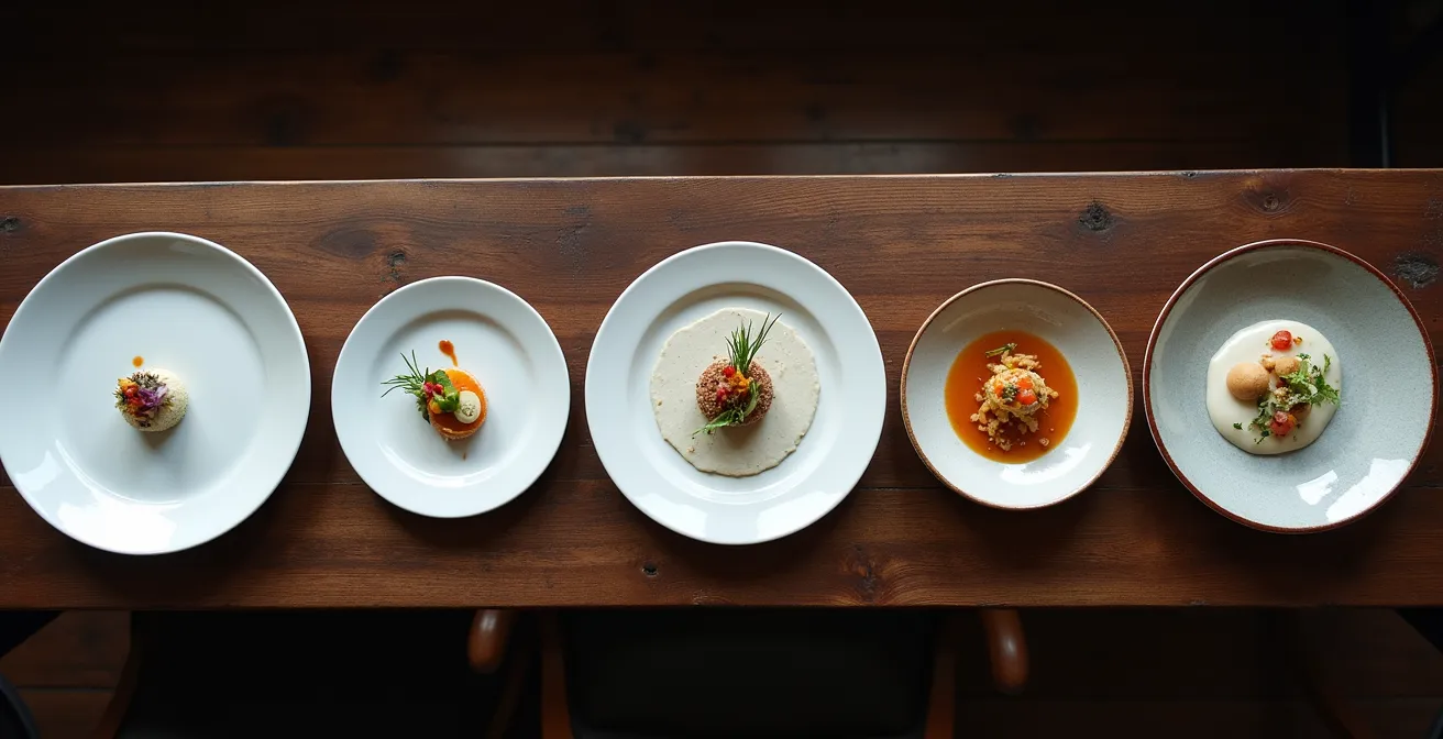 Vue aérienne d'une table de restaurant montrant l'évolution de différents styles d'assiettes, du classique au contemporain
