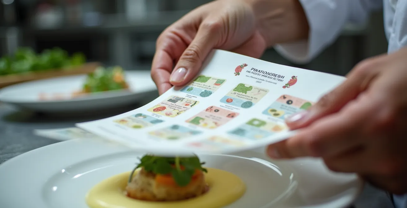 Gros plan sur des mains de chef consultant une fiche de dressage plastifiée posée sur un plan de travail