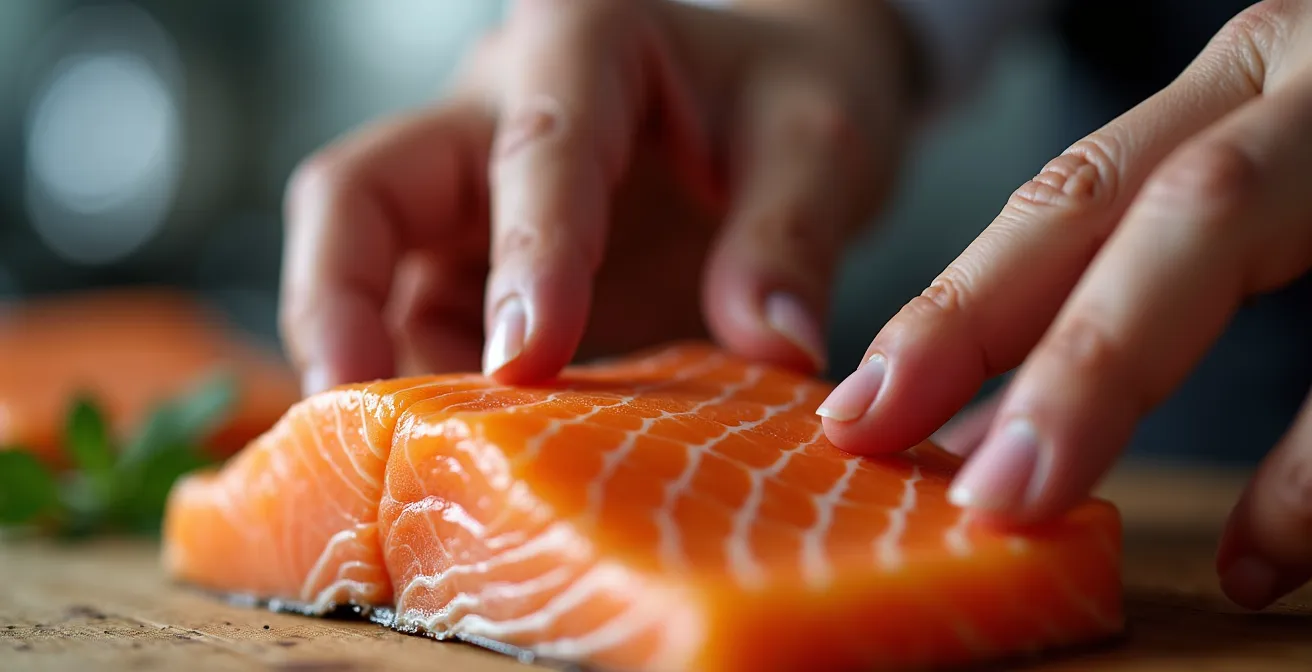 Mains d'un chef montrant la technique de mesure visuelle pour calibrer une portion de poisson