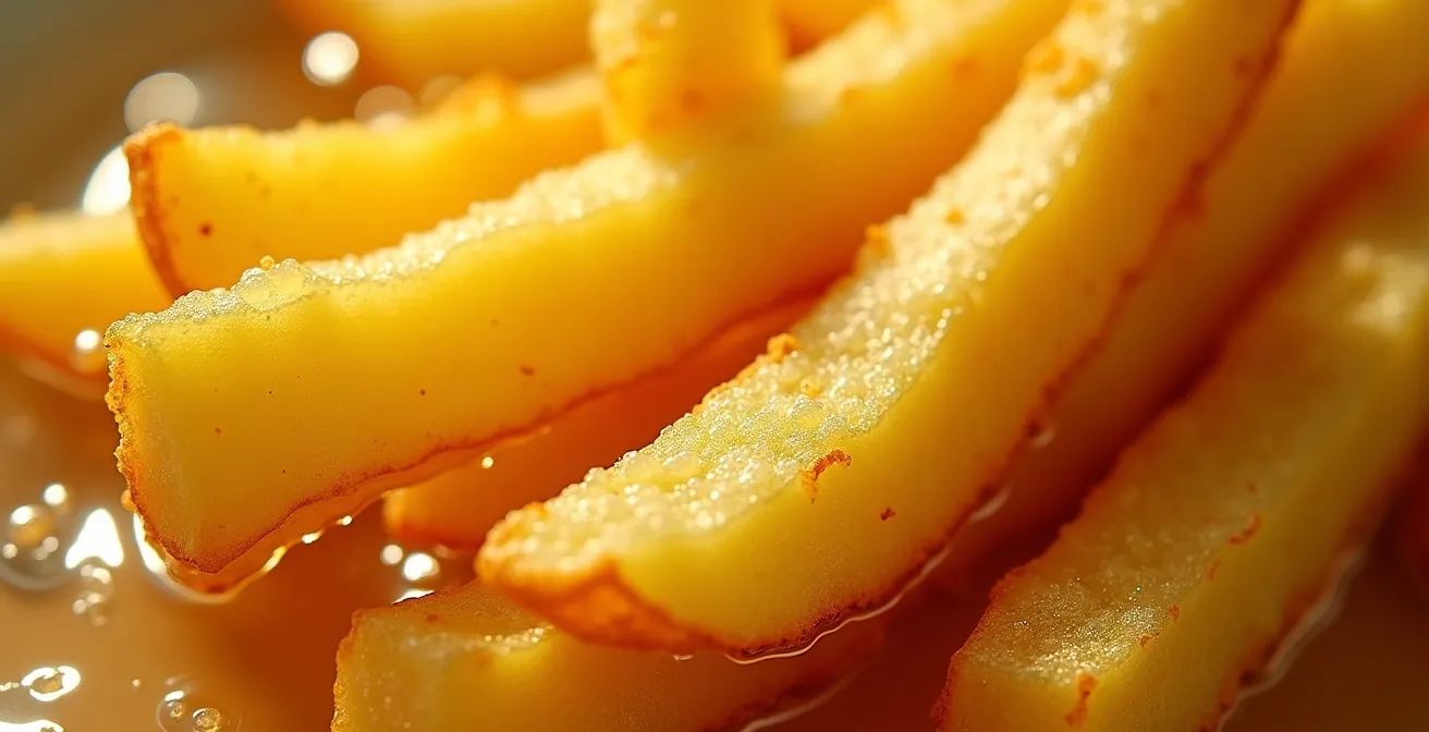 Frites dorées en cours de cuisson dans l'huile à température optimale avec formation de bulles
