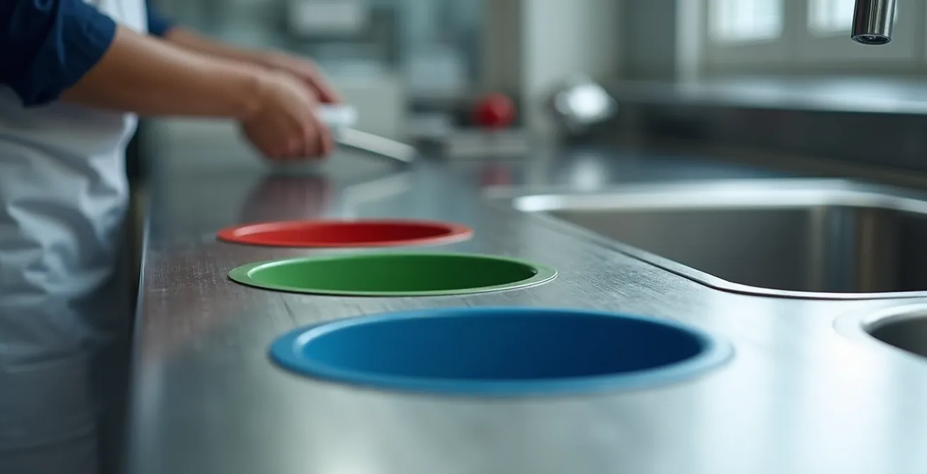 Table d'entrée de plonge avec système intégré de tri des déchets organiques et bacs de couleurs différenciées