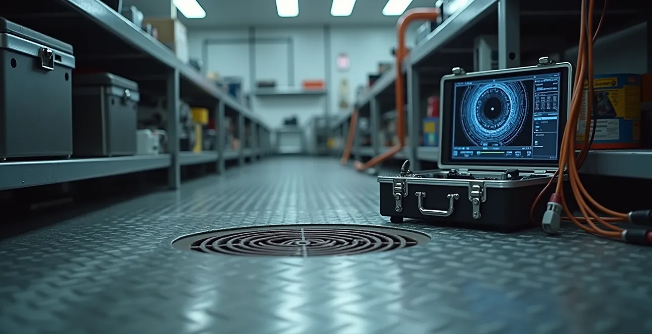 Inspection endoscopique révélant un biofilm mature dans une canalisation