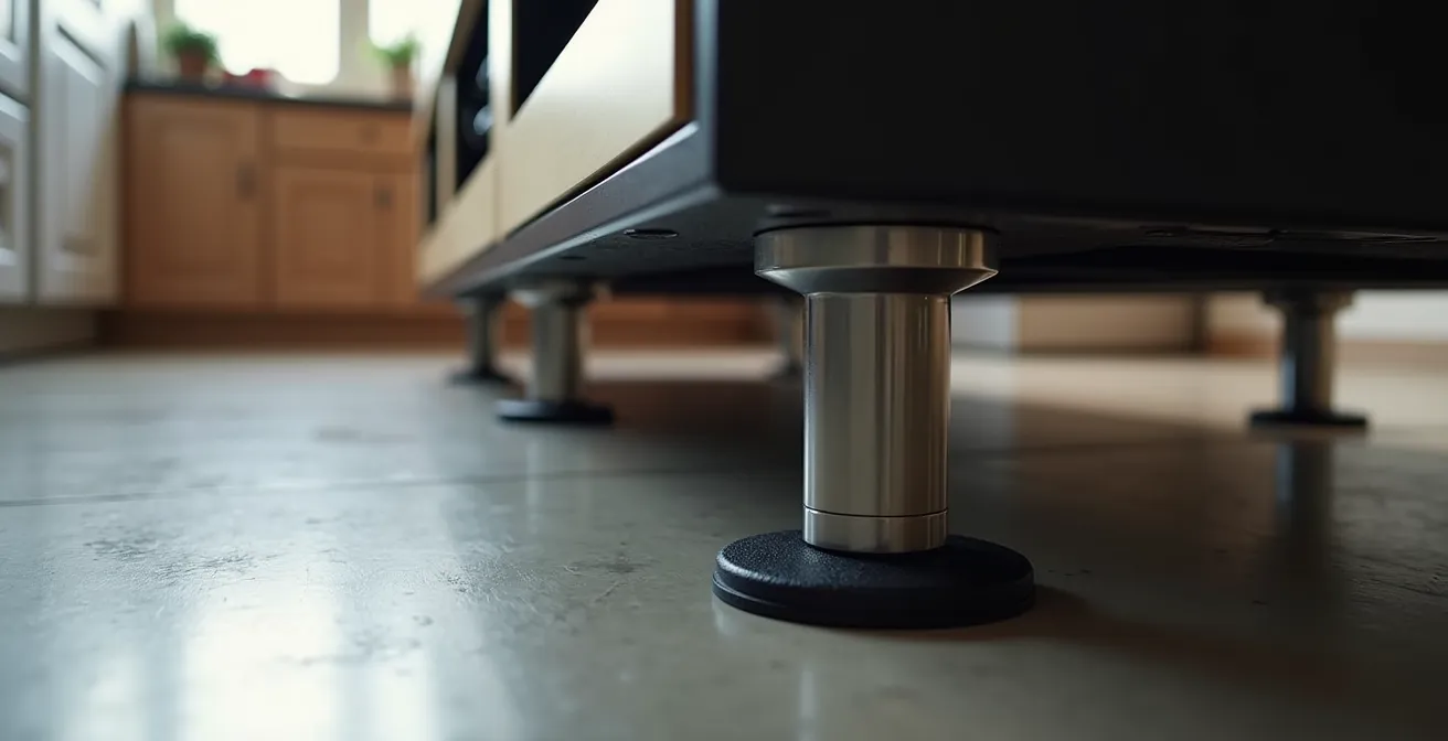 Système d'isolation anti-vibrations sous une cave à vin avec plots caoutchouc