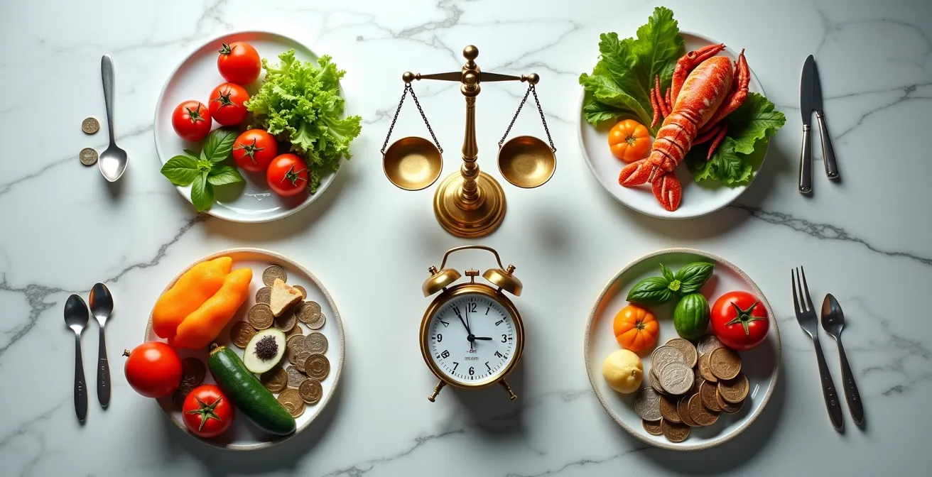 Graphique à quatre quadrants montrant la relation entre temps de préparation et coût matière, avec des plats symbolisés par des formes géométriques colorées