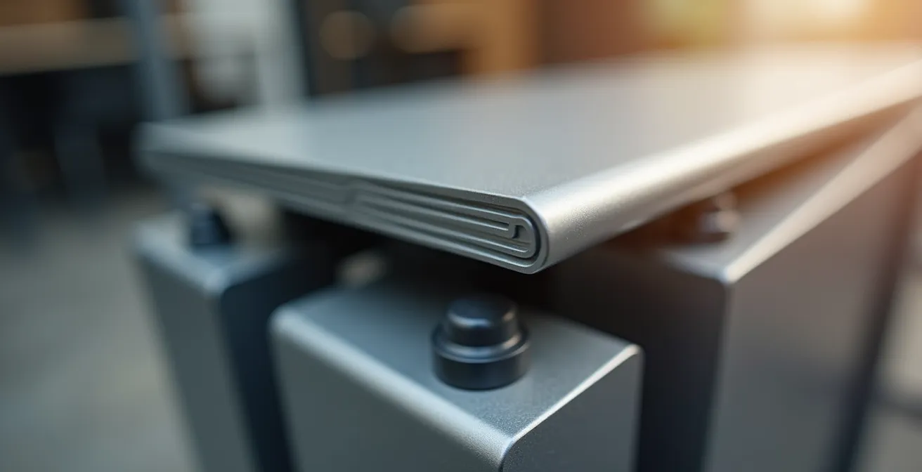 Détail macro d'un mécanisme de table basculante avec système anti-pincement