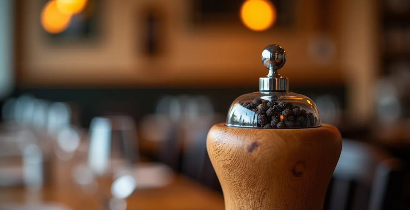 Gros plan macro sur un moulin à poivre en bois d'olivier avec grains de poivre noir visibles à travers le mécanisme transparent
