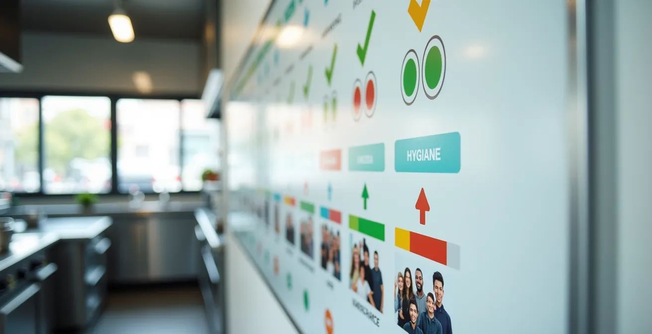 Mur d'affichage avec graphiques colorés et photos d'équipe célébrant les succès sanitaires