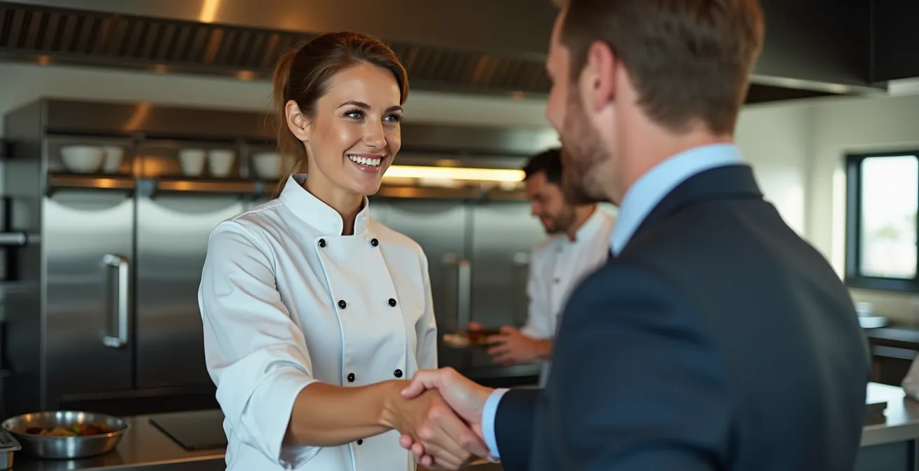Poignée de main entre un chef et un commercial devant un four professionnel, symbolisant un accord de garantie.