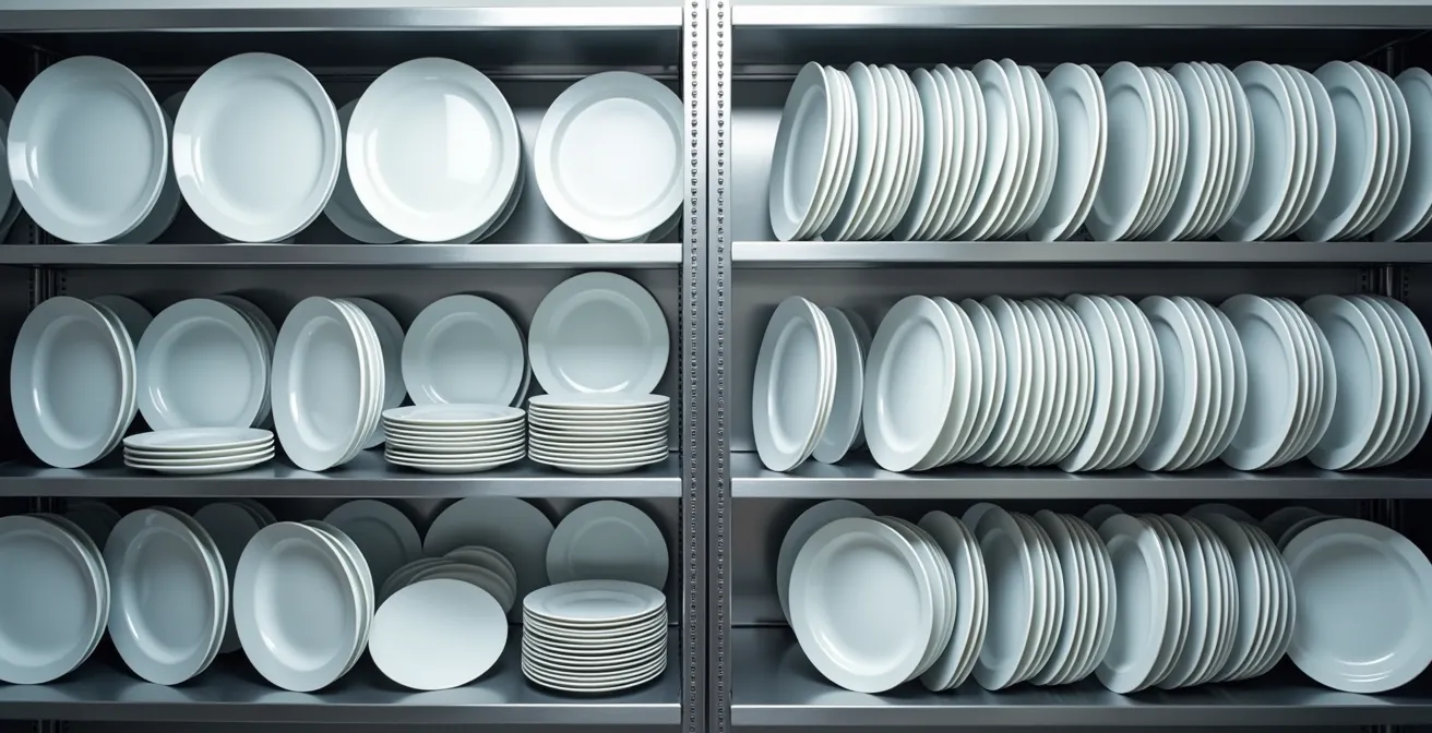 Vue aérienne d'un système de stockage professionnel montrant l'organisation optimale des assiettes