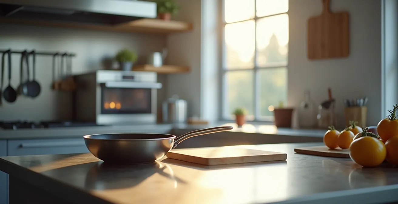 Vue large d'un poste de cuisson épuré avec ustensiles essentiels suspendus, espace de travail dégagé, éclairage naturel créant une ambiance zen