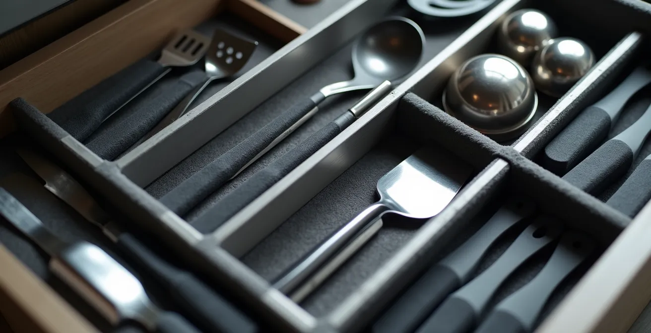Vue macro détaillée d'un tiroir de cuisine professionnelle avec compartiments et organisation méthodique des outils