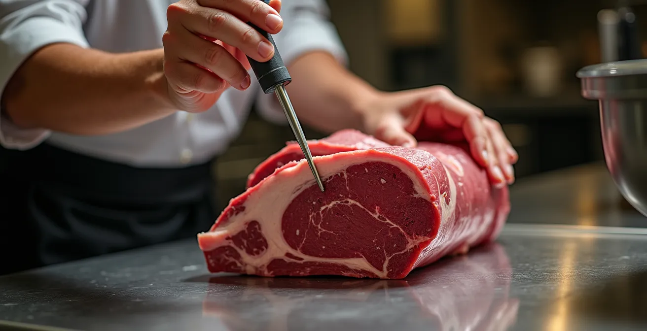 Vue détaillée du placement optimal de la sonde thermique dans une pièce de viande, évitant l'os