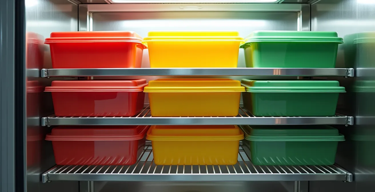 Plan visuel de rangement HACCP avec codes couleurs pour armoire réfrigérée