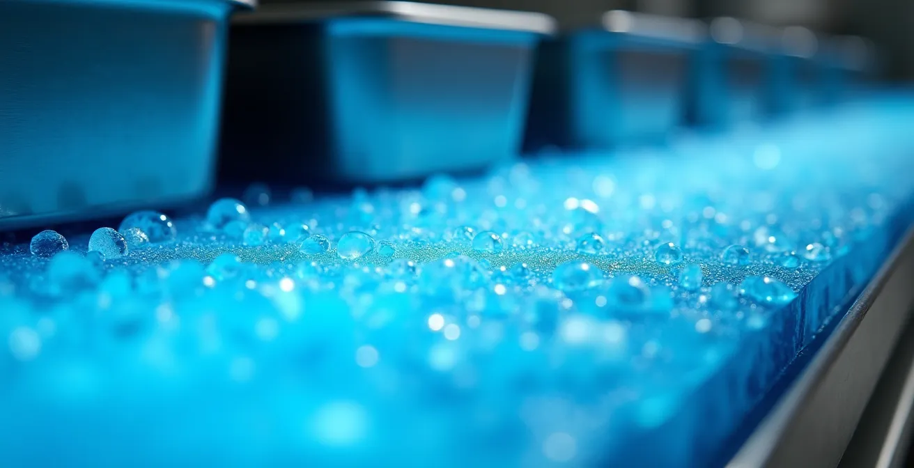 Système de plaques eutectiques bleues sous bacs gastronormes en inox pour le maintien au froid d'un buffet.