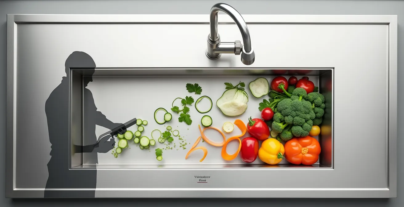 Vue du dessus d'un plan de travail montrant le positionnement optimal du trou vide-ordures dans la zone de balayage ergonomique du bras