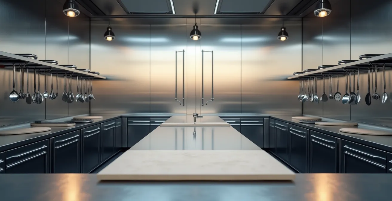 Poste de travail symétrique en cuisine professionnelle avec zones modulaires pour cuisiniers droitiers et gauchers