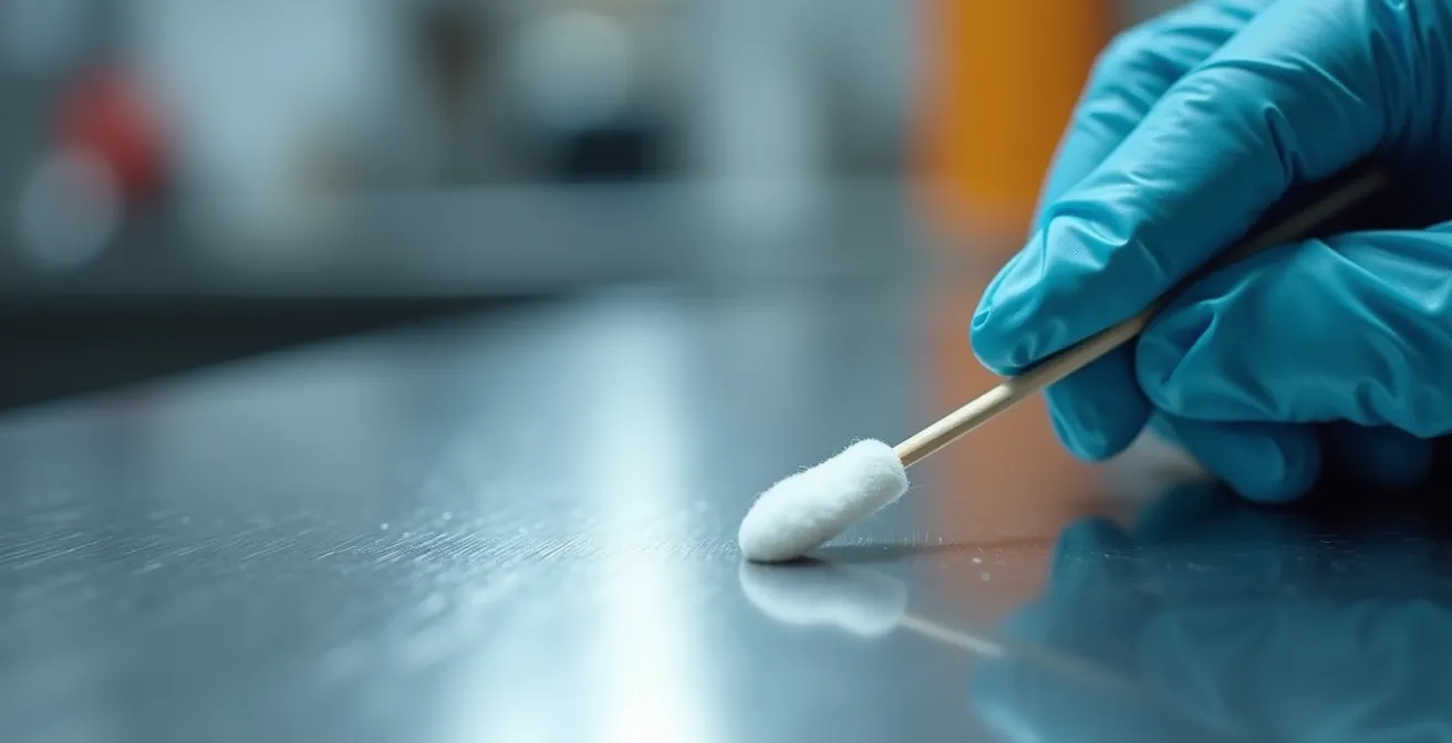 Gros plan macro sur une main gantée effectuant un prélèvement sur une surface en inox avec un écouvillon