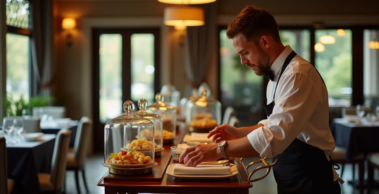 Personnel de restaurant préparant un guéridon en coulisses avant le service en salle
