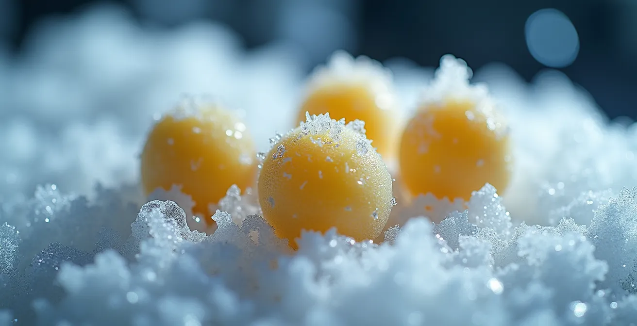 Photographie macro de produits IQF maison incluant gnocchis et sphères de coulis avec cristaux de glace microscopiques visibles