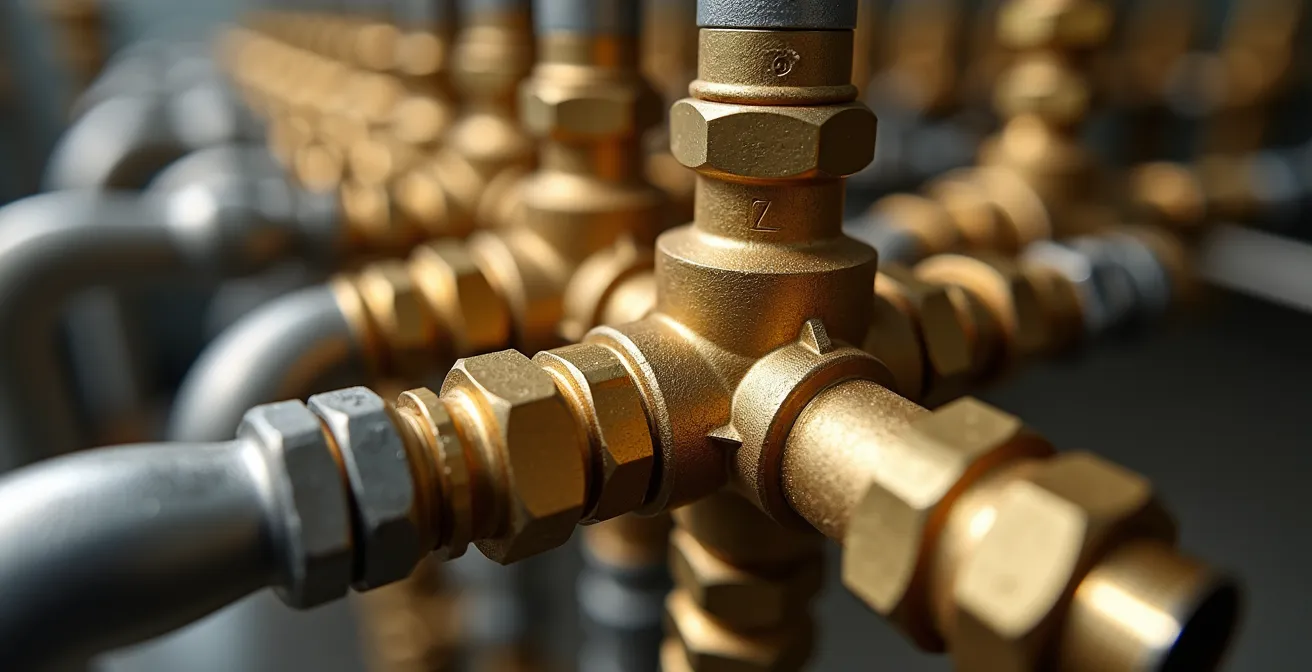 Détail technique d'un raccordement gaz professionnel avec vannes multiples