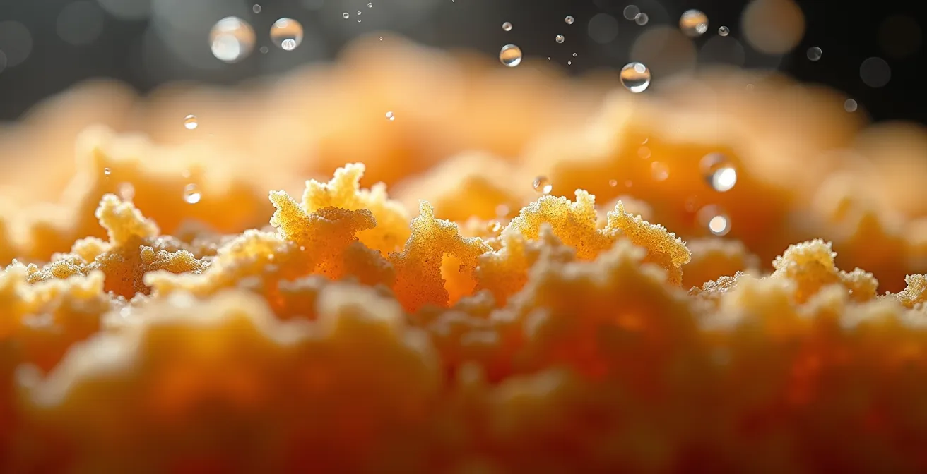 Gros plan macro sur une panure dorée croustillante avec gouttelettes de condensation en arrière-plan