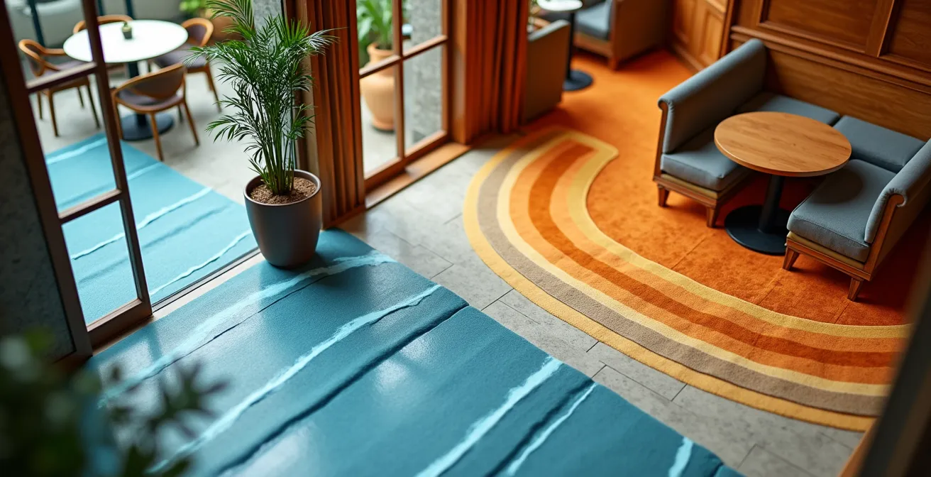 Vue aérienne montrant l'aménagement optimal de l'entrée d'un restaurant avec zones tampons